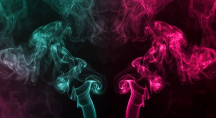 Fototapeta premium Colorful swirling smoke on black background showcasing pink and green hues