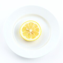 A fresh lemon slice displayed on a white plate against a clean background, perfect for food-related visuals.