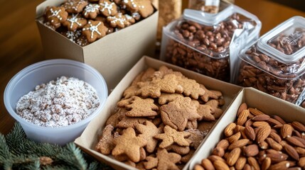 A festive holiday travel food pack with seasonal snacks such as gingerbread cookies, spiced nuts, and hot cocoa mix,