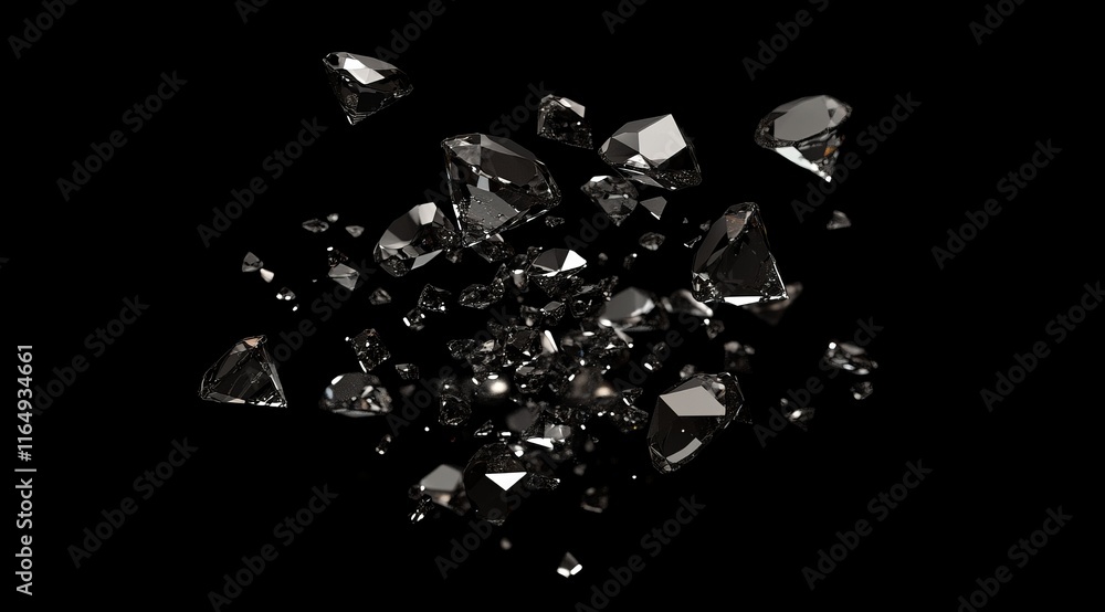 Poster exploding diamonds on black background.
