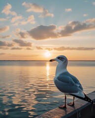 Serene Sunset by the Sea: Stunning Seagull Perched on a Dock with Golden Sunlight Reflecting Over Calm Ocean Waves, Capturing the Beauty of Nature, Peaceful Horizons, and Coastal Tranquility