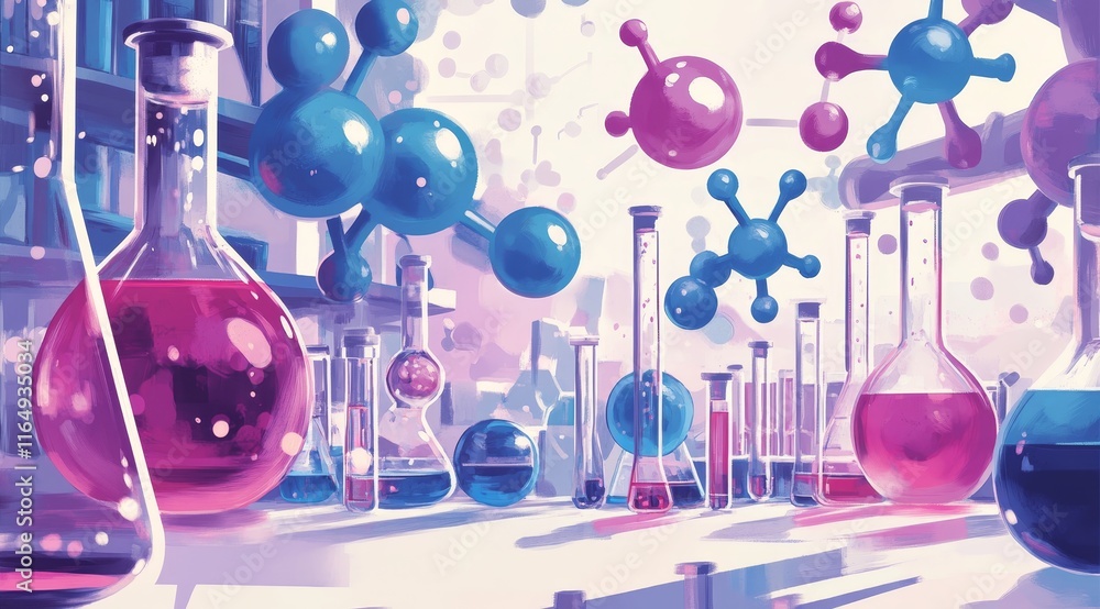 Poster colorful liquids in lab glassware with floating molecules.