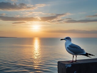 Serene Sunset by the Sea: Stunning Seagull Perched on a Dock with Golden Sunlight Reflecting Over Calm Ocean Waves, Capturing the Beauty of Nature, Peaceful Horizons, and Coastal Tranquility