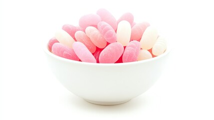 Colorful jellybeans in a white bowl, perfect for sweet treats or festive occasions.