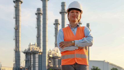 Engineer Stands Confidently at a Power Plant During Sunset Wearing Safety Gear and Helmet Near Tall Smokestacks