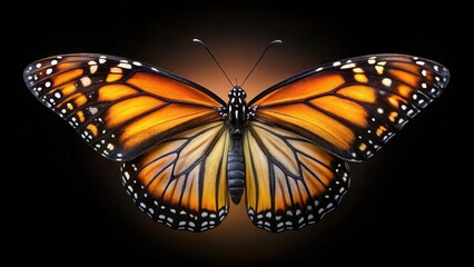Fototapeta premium Beautiful monarch butterfly with delicate wings spread on a dark black background, wings