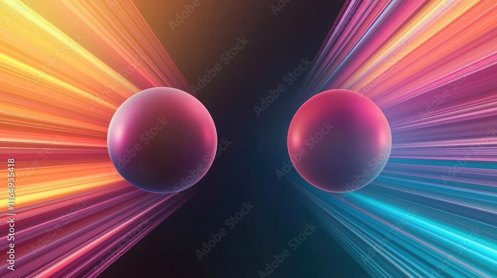 Poster circles abstract background idea. abstract spheres surrounded by colorful rays of light creating a d