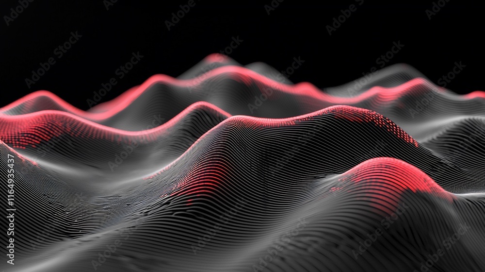 Poster Abstract dark gray 3D rendering of undulating textured surface with red glowing lines.