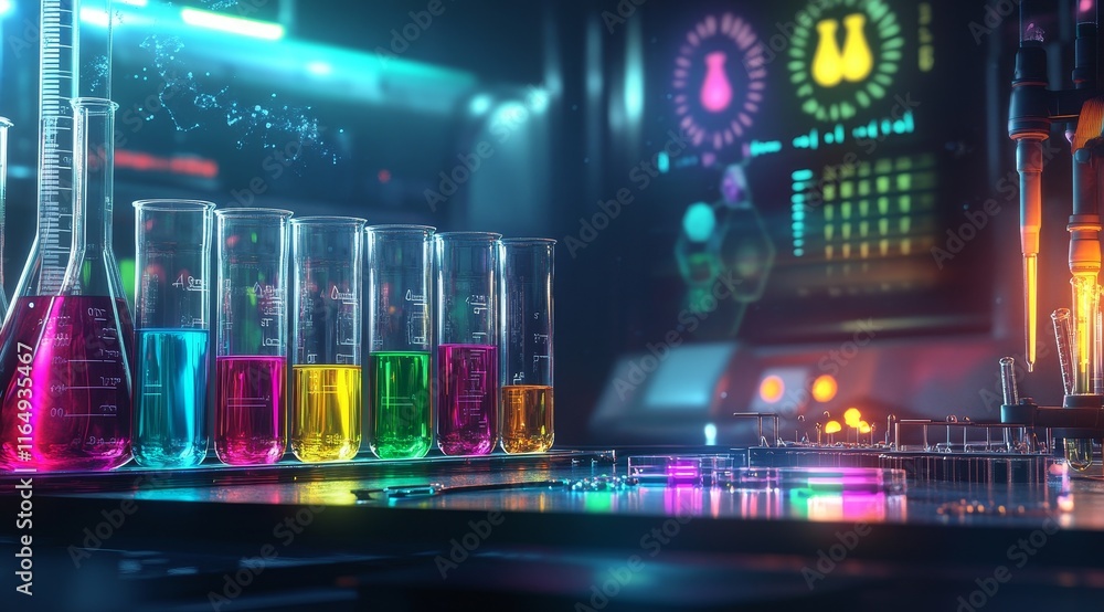 Poster Colorful liquids in test tubes and flasks on a lab bench with advanced technology in the background.