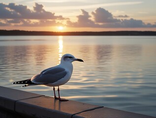 Serene Sunset by the Sea: Stunning Seagull Perched on a Dock with Golden Sunlight Reflecting Over Calm Ocean Waves, Capturing the Beauty of Nature, Peaceful Horizons, and Coastal Tranquility