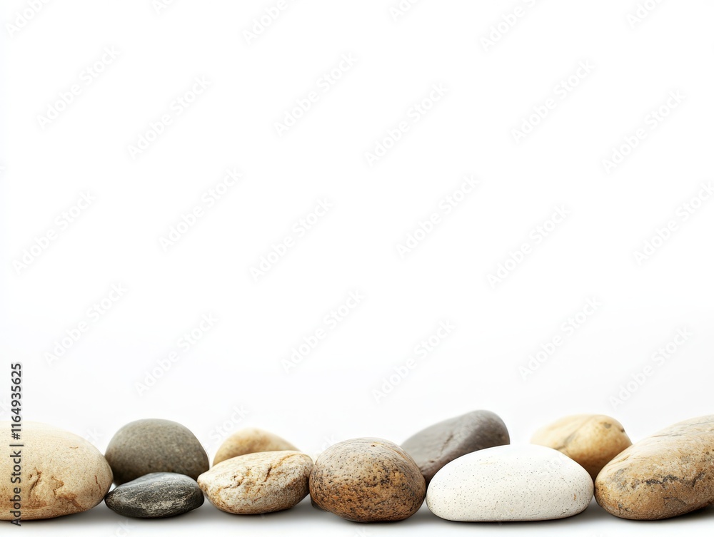 Poster a collection of smooth stones arranged on a light background, emphasizing texture and color.