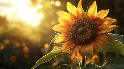 Naklejka premium Sunlit sunflower in a vibrant field, showcasing natural beauty. Perfect for nature enthusiasts seeking serene, stunning floral photography inspiration.