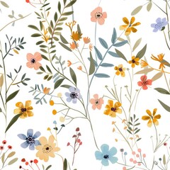 A vibrant floral pattern featuring various colorful flowers and leaves on a white background.
