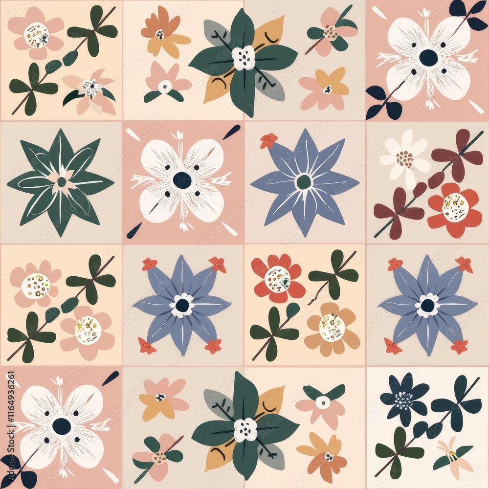 Poster a colorful tile pattern featuring various floral designs in a grid layout.