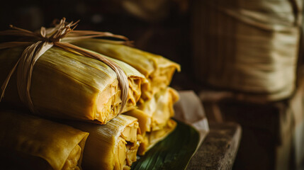 Traditional tamales wrapped in corn husks displayed on a wooden table in a rustic kitchen setting