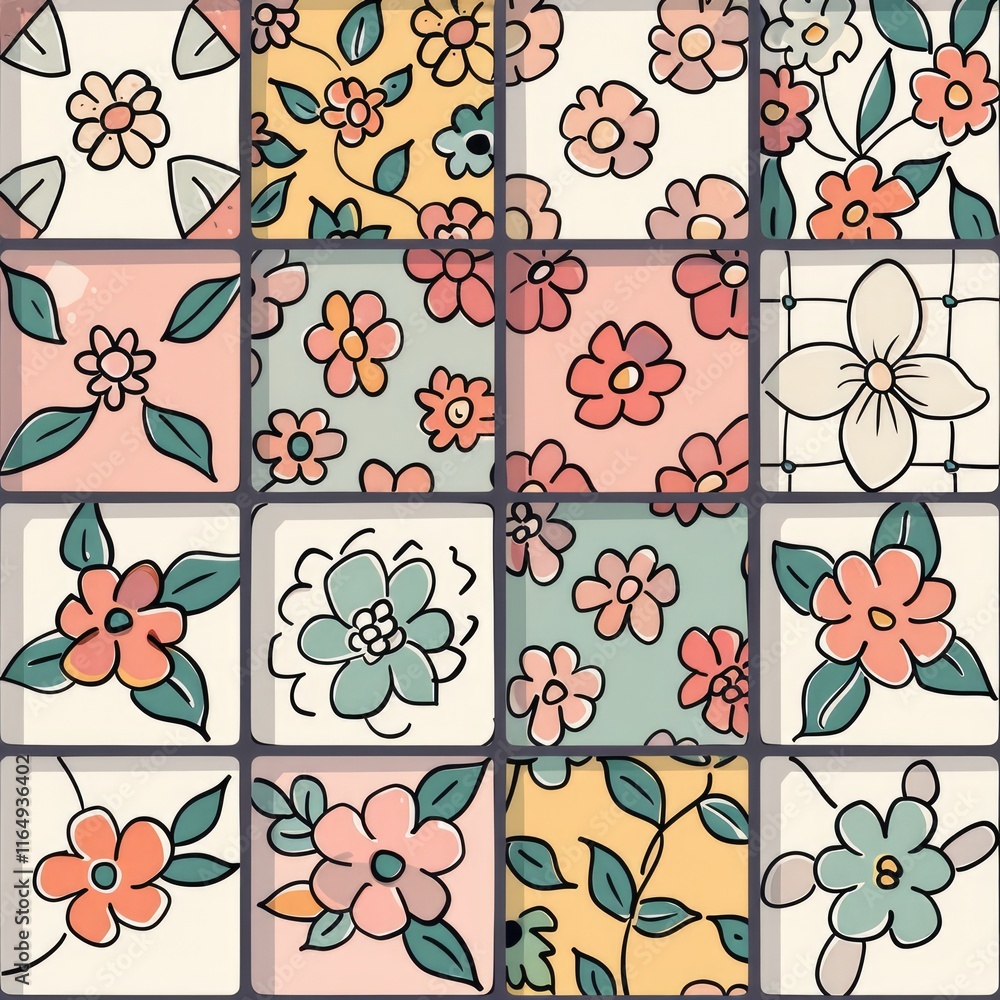 Poster a colorful floral pattern with various designs and colors arranged in a grid.