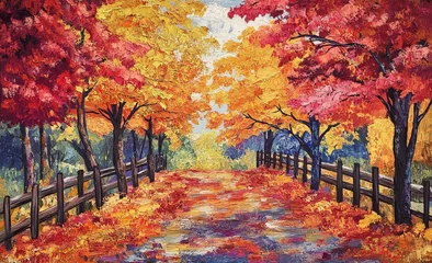 Fleecedeken met foto Vibrant autumn landscape painting of a path lined with colorful trees and a wooden fence. © tolem929