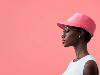 Profile of a woman in a pink cap against a pastel pink background.