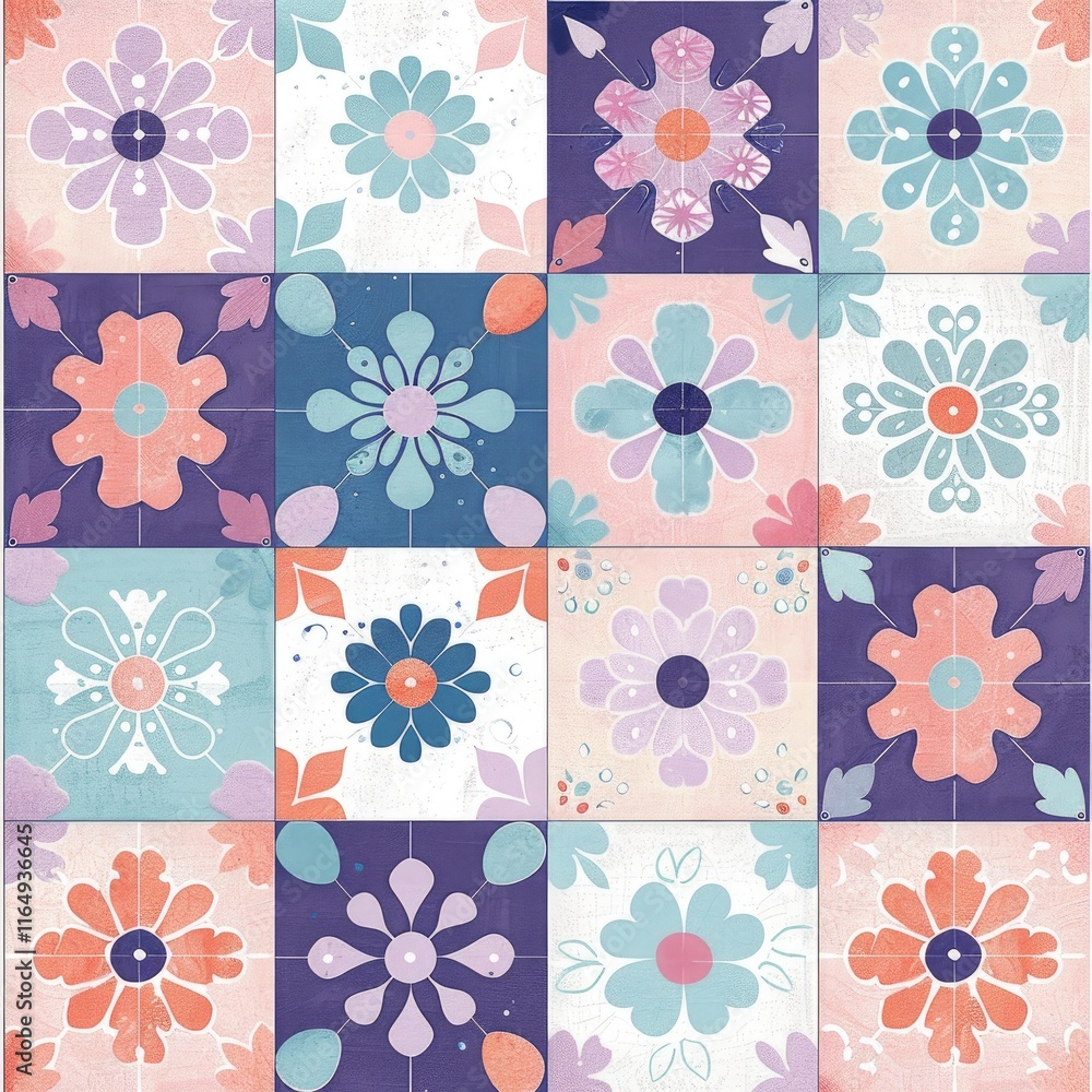Poster a colorful floral pattern composed of various stylized flowers in a grid layout.