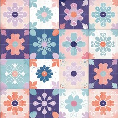 Fototapeta premium A colorful floral pattern composed of various stylized flowers in a grid layout.
