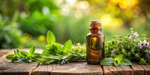 A bottle of essential oil with herbs on a wooden table in a natural setting , oils, herbs,  oils
