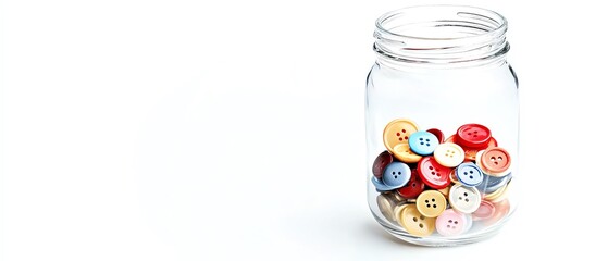 Colorful buttons in a glass jar on a white isolated background.
