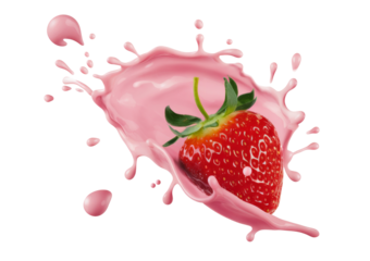 High-Quality PNG strawberry in pink milk splash on white background