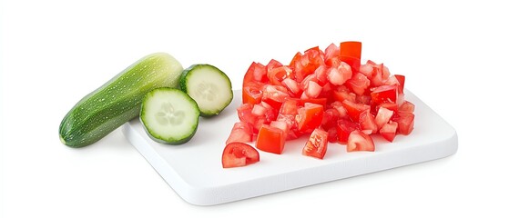 Naklejka premium Freshly chopped tomatoes and cucumber on a white cutting board, perfect for salads and healthy dishes.