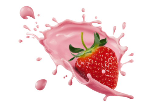 High-Quality PNG strawberry in pink milk splash on white background