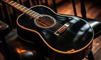 Fototapeta premium Black acoustic guitar resting on a chair.