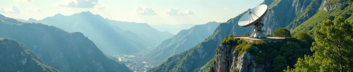 Towering satellite dish protrudes from cliffside landscape, surrounded by lush greenery, satellite dish, futuristic