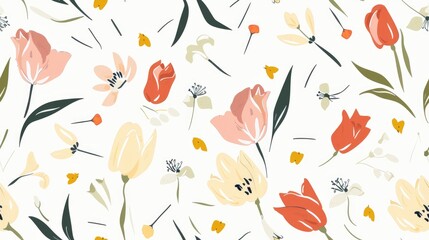Fototapeta premium A vibrant floral pattern featuring various flowers and leaves on a light background.
