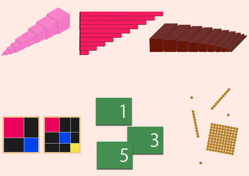 Montessori Materials　モンテッソーリ教育　教具　ピンクタワー　赤い棒　茶色の階段