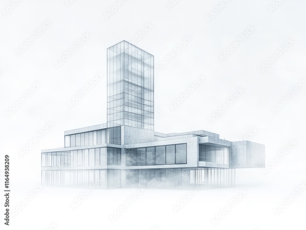 Poster a modern architectural structure emerging from fog, showcasing sleek lines and transparency.