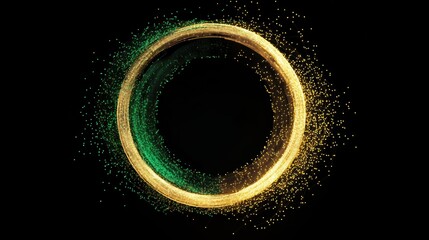 Mesmerizing circular light pattern with shimmering gold and green particles against black background. Perfect for abstract digital art designs.