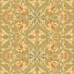 A decorative tile pattern featuring floral designs in warm tones on a neutral background.