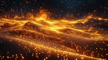 Glowing sand dunes ablaze under a starry night sky.