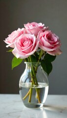 Fototapeta premium Soft pink roses in a delicate glass vase filled with water , still life, water