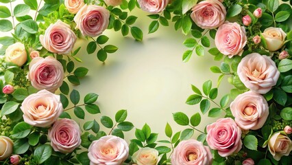 Delicate rose flowers surrounded by lush green leaves in a circular frame, creating a soothing and natural atmosphere , floral frame, flower arrangement