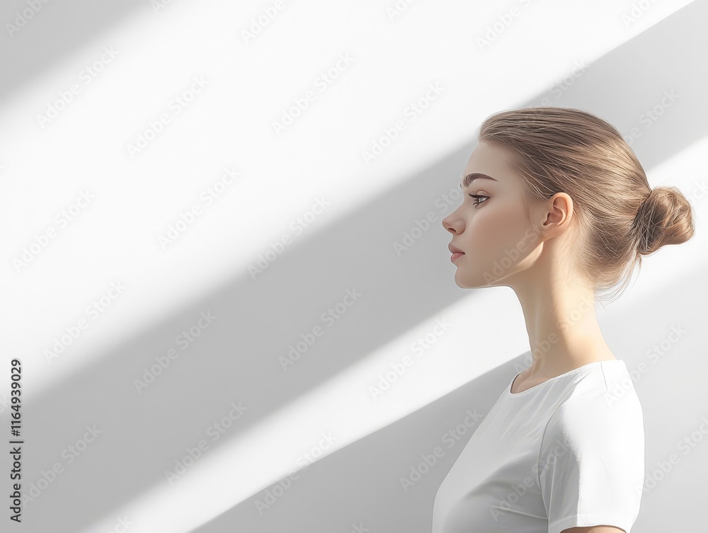 Poster a profile view of a woman against a minimalist background with soft shadows.