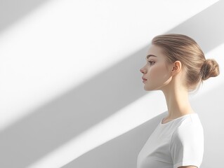 A profile view of a woman against a minimalist background with soft shadows.