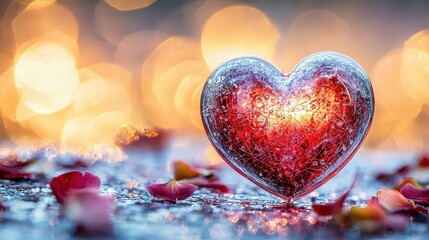 Heart-Shaped Glass Decor with Rose Petals and Bokeh Lights Creating a Romantic Atmosphere for Celebrations
