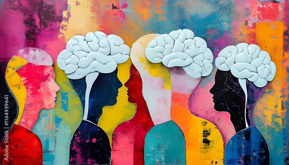 Poster abstract business concepts explored through colorful portraits of human brains in a creative environ