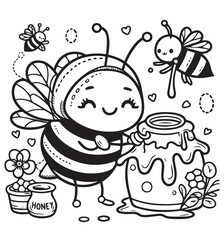 Coloring book cute bee take the honey