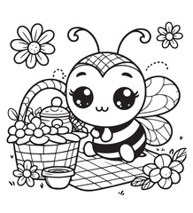 Coloring book cute bee picnic