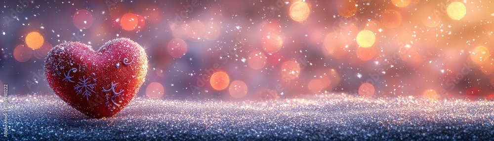 Poster sparkling heart decoration on snow background with colorful bokeh lights for romantic themes