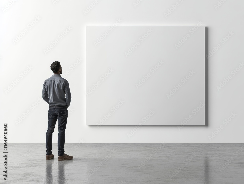 Poster a man stands before a blank canvas in a minimalist gallery, reflecting on art and creativity.