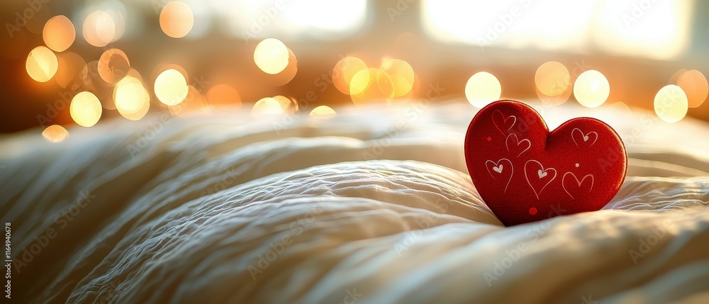 Poster Red Heart Shaped Object on Soft Surface with Warm Bokeh Lights in the Background for Romantic Themes