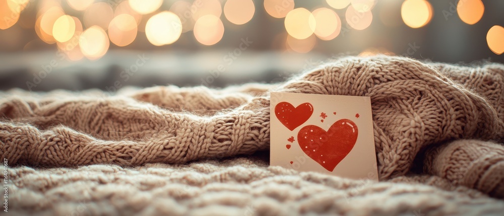 Aufkleber Cozy Setting with Heart Design Card on Knit Blanket Surrounded by Beautiful Soft Bokeh Lights