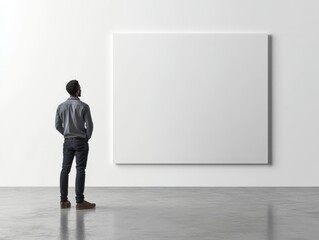 A man stands before a blank canvas in a minimalist gallery, reflecting on art and creativity.